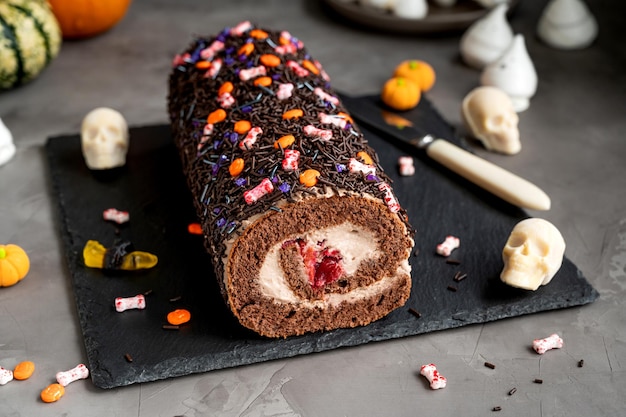 Schokoladenkuchenrolle mit Sahne und Kirschen verzierte Zuckerbonbons für Halloween