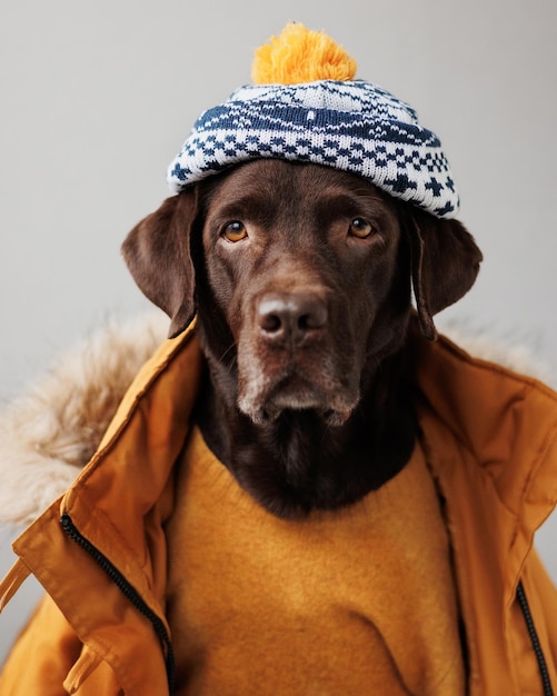 Schokoladenlabrador mit gelbem Hut und Kapuzenjacke auf grauem Hintergrund sitzt auf einem Stuhl wie ein