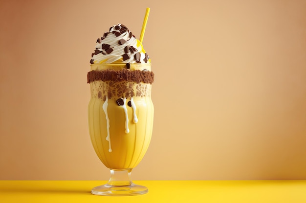 Schokoladenmilchshake in einem Glas vor einem Sommergetränk mit gelbem Hintergrund