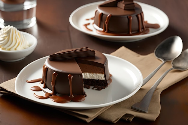 Schokoladenmousse-Kuchen mit Sahne auf dem Teller zum Nachtisch, erstellt mit generativer KI