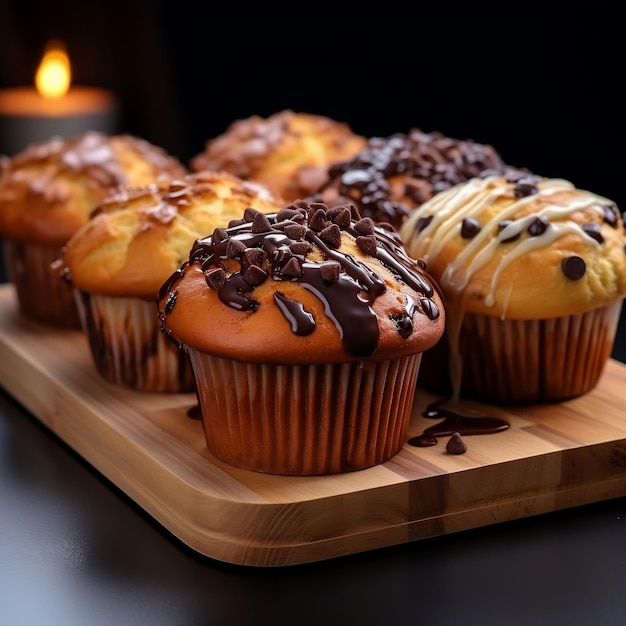 Schokoladenmuffins mit Schokoladenstückchen auf dunklem Holzhintergrund