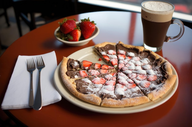 Schokoladenpizza mit frischen Erdbeeren, die mit Puderzucker überzogen sind