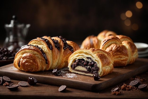 Schokoladenpuffgebäck Croissant Schokolade Eclair und süße Rosinenrolle