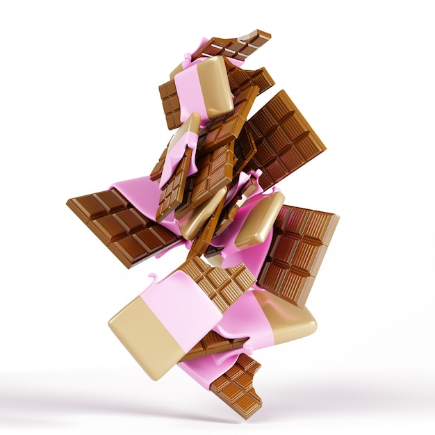 Schokoladenriegel in offener Goldfolie und pinkem Papierpaket 3D-Rendering Fliegender Wirbel von ganzen und gebissenen süßen Choco-Desserts köstlicher Kakao und Zucker Snack isoliert auf weißem Hintergrund 3D-Illustration