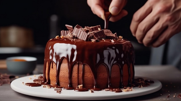 Schokoladensauce auf den köstlichen frischen Kuchen gießen