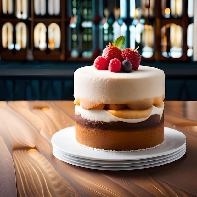 Schokoladentropfenkuchen mit weißem Kuchen, garniert mit Beeren