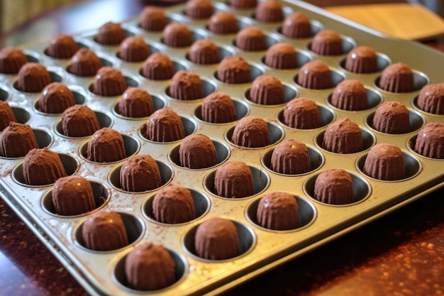 Schokoladentrüffel in einer Form vor dem Aushärten, hergestellt mit generativer KI