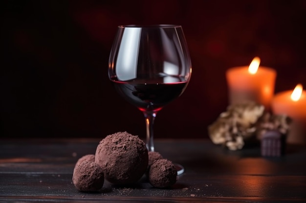 Schokoladentrüffel mit warmem Glas Rotwein, hergestellt mit generativer KI