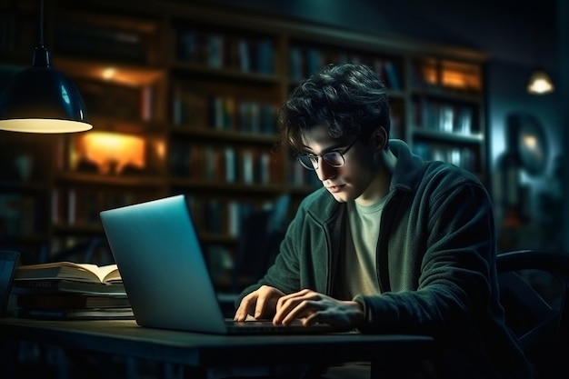 Scholarly Endeavor jovem estudante trabalhando no laptop e se envolvendo no estudo Generative Ai