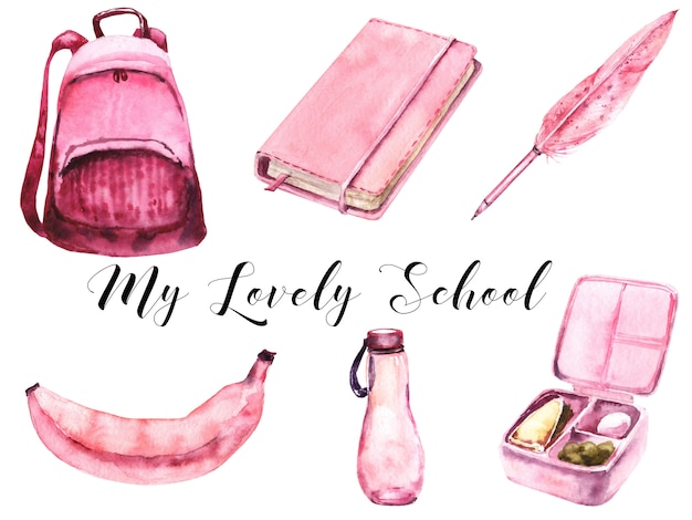 School Girls Pink Supplies Set Acuarela. Comida escolar