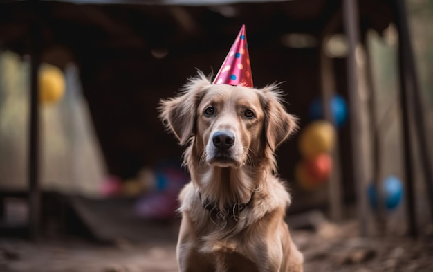 Schoßhund in einer Geburtstagskappe, die einen Hut im Freien trägt, generative ai