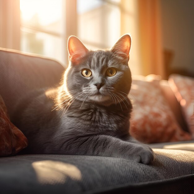 Schottische graue Katze auf dem Sofa in der Sonne