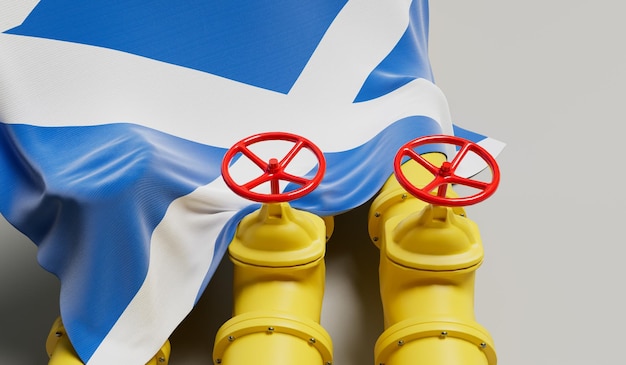 Schottland-flagge, die eine öl- und gas-kraftstoffleitung abdeckt konzept der ölindustrie 3d-rendering