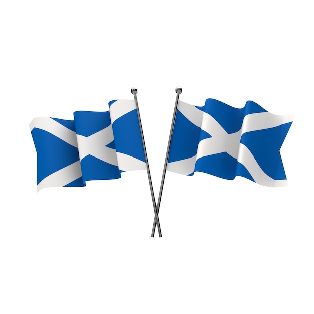 Schottland Flaggen gekreuzt isoliert auf weißem Hintergrund 3D-Rendering