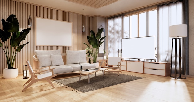 Schrank im Wohnzimmer mit Tatami-Mattenboden und Sofa-Sessel-Design. 3D-Rendering