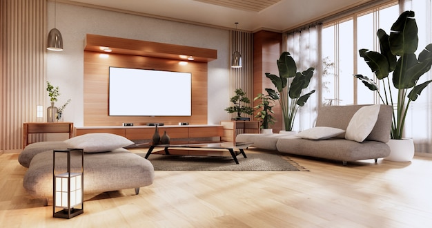 Schrank im Wohnzimmer mit Tatami-Mattenboden und Sofa-Sessel-Design. 3D-Rendering