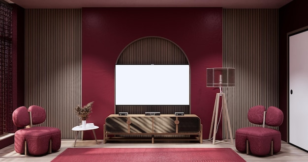 Schrank in Viva Magenta Wohnzimmer mit roter Wand und Sessel im Japandi-Stil