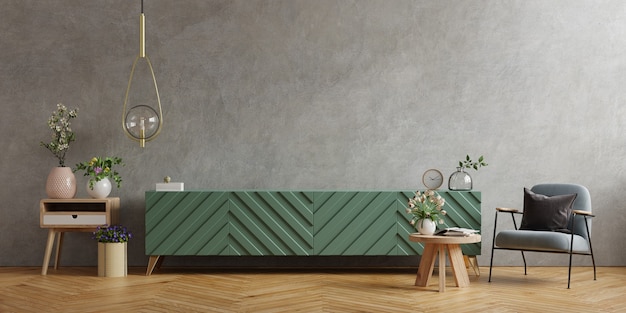 Schrank TV im modernen Wohnzimmer mit Sessel und Pflanze auf Betonwand, 3D-Rendering