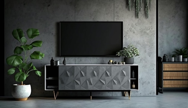 Schrankfernseher im modernen Wohnzimmer mit Dekoration auf Betonwandhintergrund Generative KI