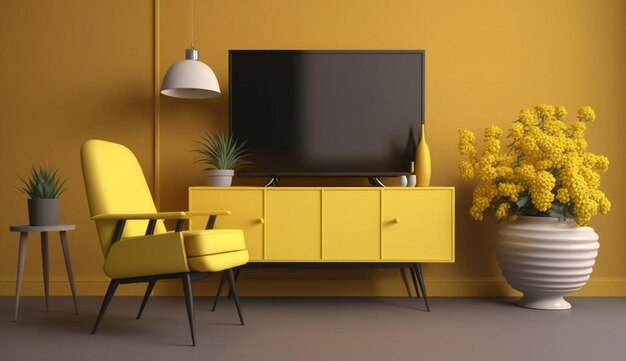 Schrankfernseher im modernen Wohnzimmer mit Sessel und Pflanze auf gelbem Wandhintergrund. Generative KI