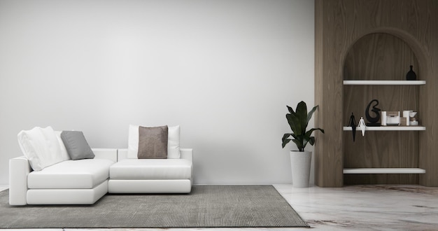 Schrankwandregalen in einem leeren Raum mit Dekorationslampen, Pflanzen, Teppichsofa3D-Rendering