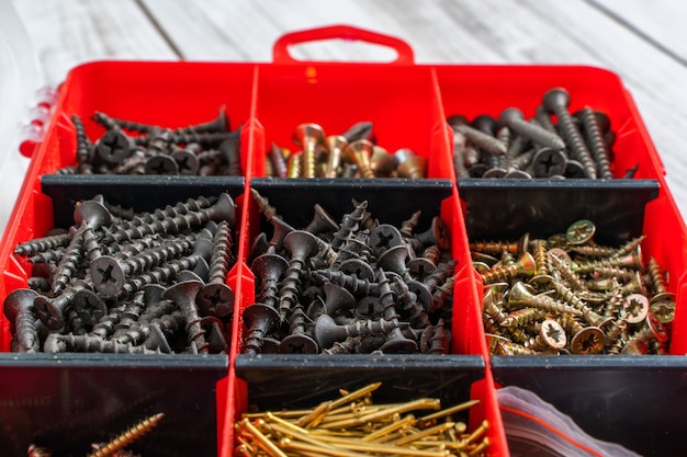 Schrauben, Bolzen, Muttern und anderes Zimmermannszeug in einer Kunststoff-Werkzeugkiste (Hardware-Organizer). Stock Foto.