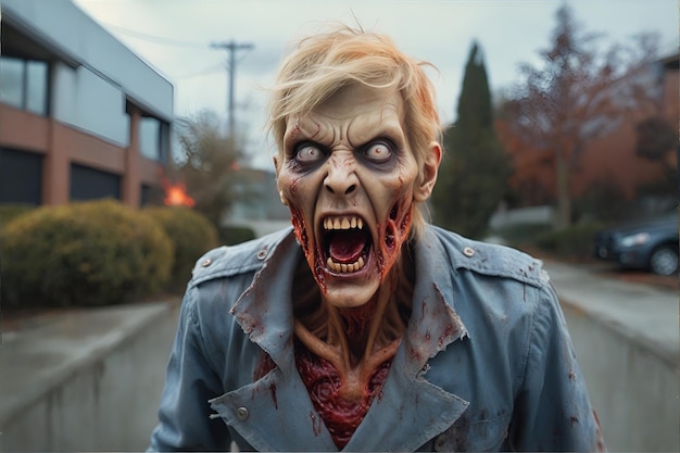 Foto schreckliche beängstigende zombie mit blutigem gesicht zombie-apokalypse-horde-szene