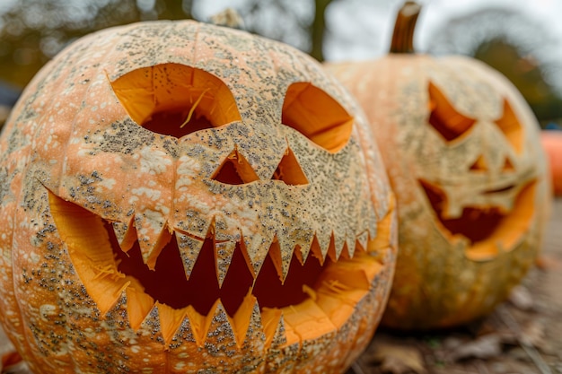 Foto schreckliche geschnitzte jack-o-lampen für halloween-feiern im freien