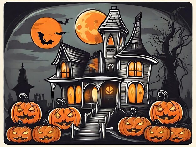 Schreckliche Halloween-Illustration Kürbisse Schloss Generative Ai