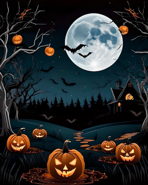 Schreckliche Halloween-Szene mit Fledermäusen, Kürbissen, beängstigenden Bäumen und Vollmond auf dunklem Hintergrund