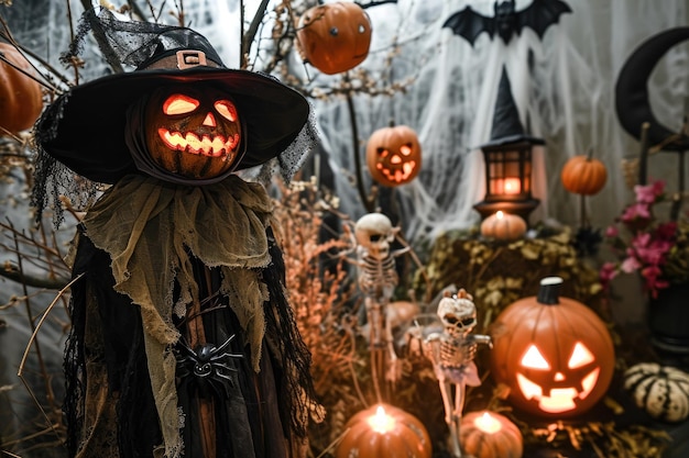 Schreckliche Halloween-Szene mit heimgesuchten Dekorationen und Kostümen Unheimliche Halloween-Umgebung, geschmückt mit heimgeluchten Dekorationsstücken und Kostümern