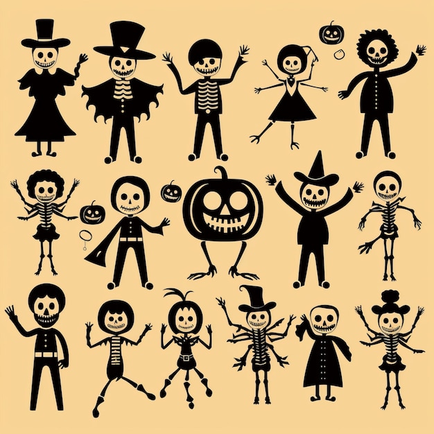 Foto schreckliche, lustige, kinderfreundliche halloween-skelettillustrationen in spielerischer zeichentrickfilmsilhouette