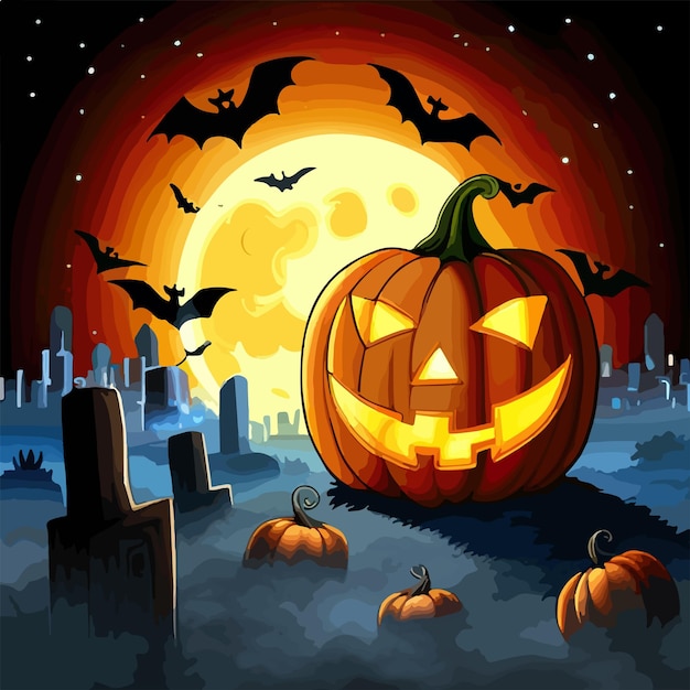 Schrecklicher dunkler Halloween-Hintergrund Kürbisse Grabsteine und Fledermäuse im Hintergrund