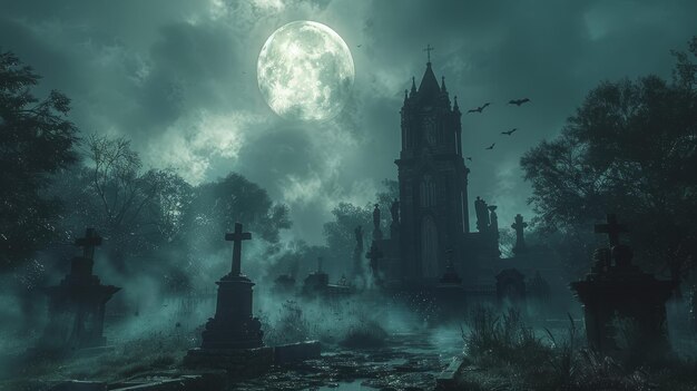 Schrecklicher Friedhof in der Nacht mit Mond am bewölkten Himmel und Fledermäusen 3D-Illustration