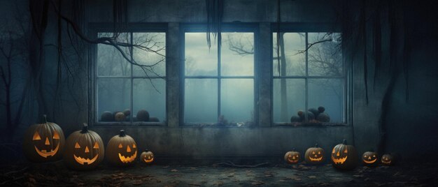 Schrecklicher Halloween-Hintergrund, beängstigende Kürbisse in einem beängstigenden Horror-Geister-Schloss