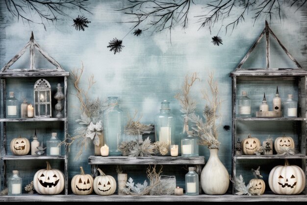 Schrecklicher Halloween-Hintergrund, beängstigende Kürbisse in einem beängstigenden Horror-Geister-Schloss