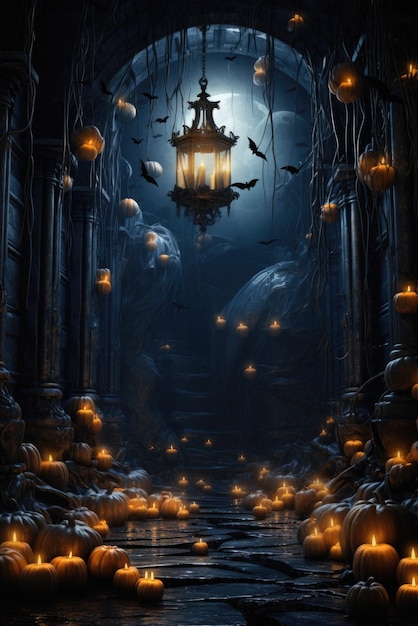 Schrecklicher Halloween-Hintergrund, beängstigende Kürbisse in einem beängstigenden Horror-Geisterhauszimmer
