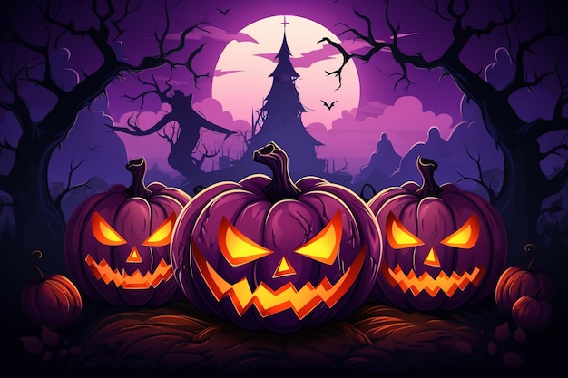 Schrecklicher Halloween-Hintergrundwald mit JackoLanterns Haunted House und Vollmond-Illustration