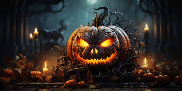 Schrecklicher Halloween-Kürbis mit einem unheimlichen Lächeln Böser Jack O Lantern auf gruseligem Hintergrund Generative KI