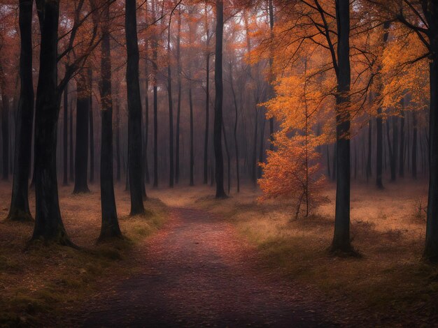 Schrecklicher Herbstwald, dunkles Geheimnis in einer verlassenen ländlichen Szene.