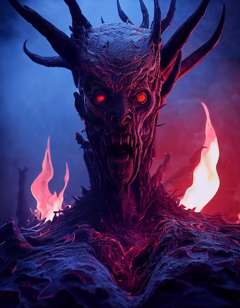 Schrecklicher wütender höllischer Dämon mit Hörnern 3D Render Art Conceptual Illustration