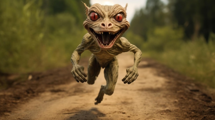 Foto schreckliches froschmonster läuft auf einer schmutzstraße unreal engine rendered stock photo