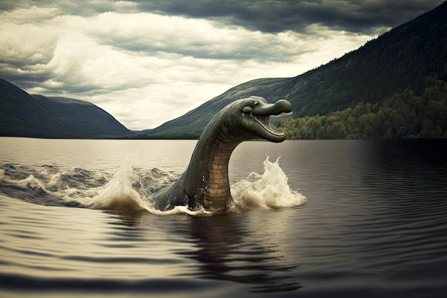 Schreckliches mythisches Reptil Monster von Loch Ness, das auf dem See vor dem Hintergrund der Berge schwimmt