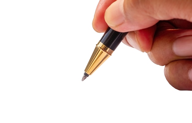 Schreiben mit einem goldenen Stift, im flachen Fokus, isoliert auf weißem Hintergrund