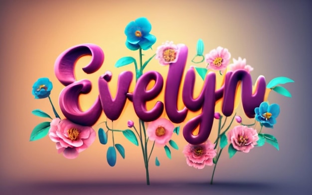 Schreiben Sie Evelyn in großen Buchstaben mit Lilatönen und einem blumigen Hintergrund