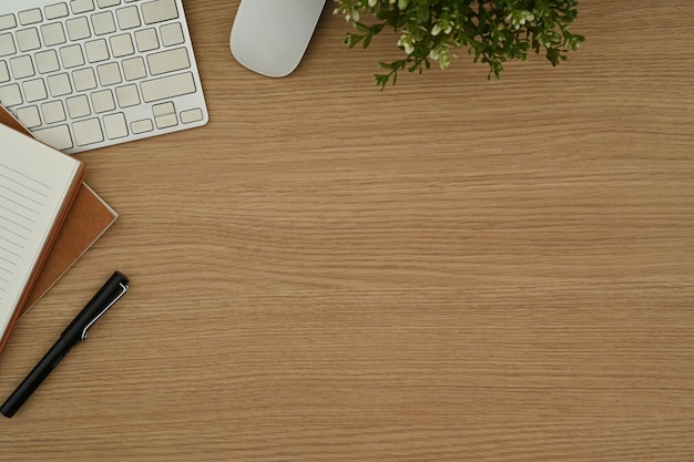 Schreibtisch aus Holz mit kabelloser Tastatur, Notebook-Maus und Topfpflanze, Draufsicht mit Kopierraum