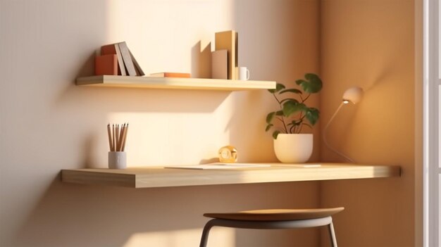 Schreibtisch im Heimbüro mit Zubehör und Platz zum Kopieren an der Wand. Minimalistischer Podiumssockel für den Arbeitsplatz. Wandmodell. Rahmenmodell. Generative KI