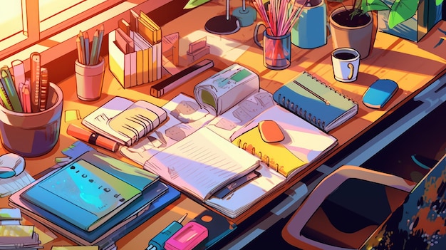 Schreibtisch mit allen Heften und Schulbüchern