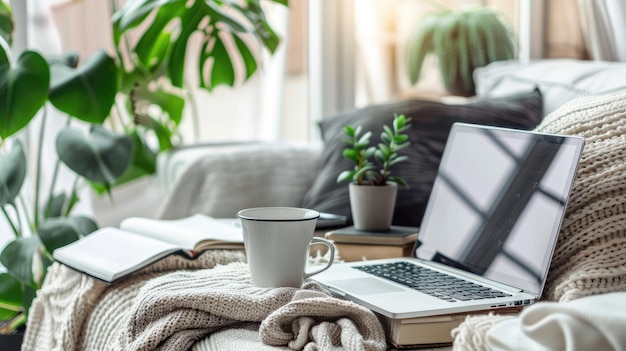 Foto schreibtisch mit einem laptop, buch, topfpflanzen und eine tasse kaffee