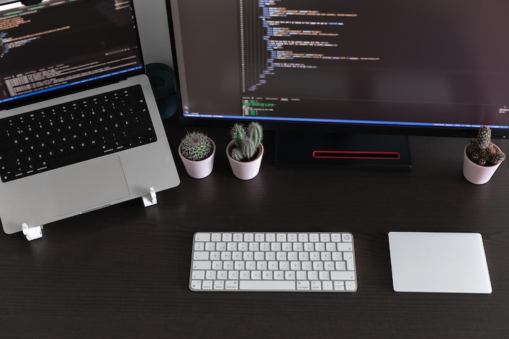 Foto schreibtisch mit laptop-monitor, tastatur und trackpad mit code-software, offenes home-office